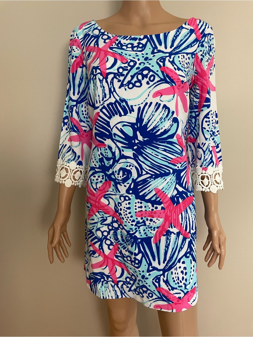 Women's LILLY PULITZER Blue & Pink HARBOUR She She Shells STARFISH Tunic DRESS S - Picture 2 of 6
